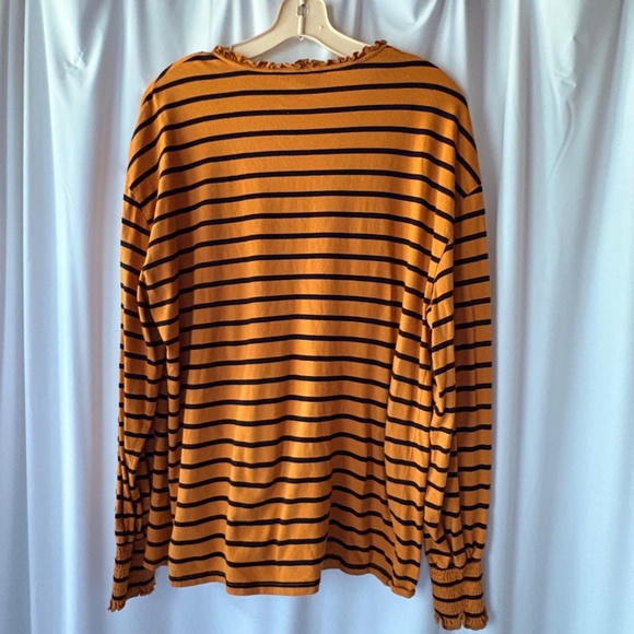 Ella Rafaella Long Sleeve Tan & Black Striped Top Ruffled Neck Elastic Cuffs XL - Picture 3 of 8